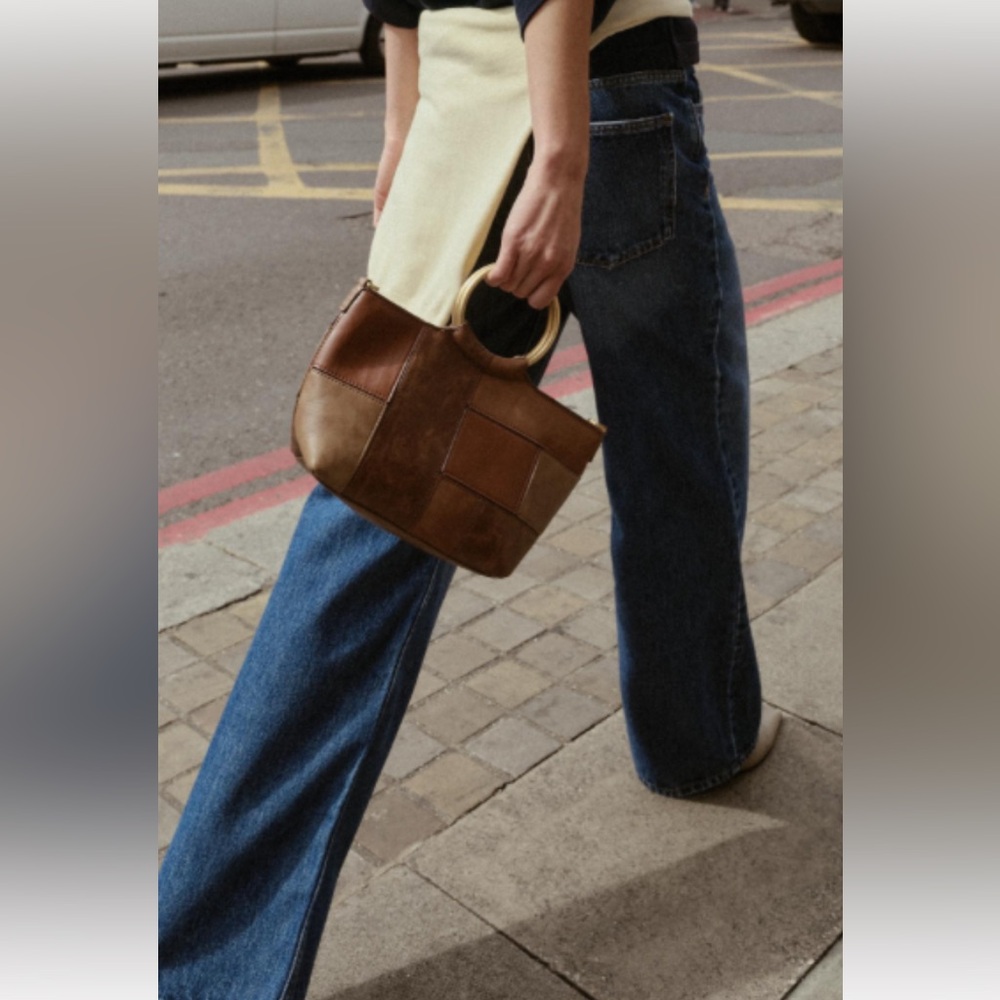 ZARA Brown Patchwork Women's Leather Shoulder Bag with Gold Ring Handles
